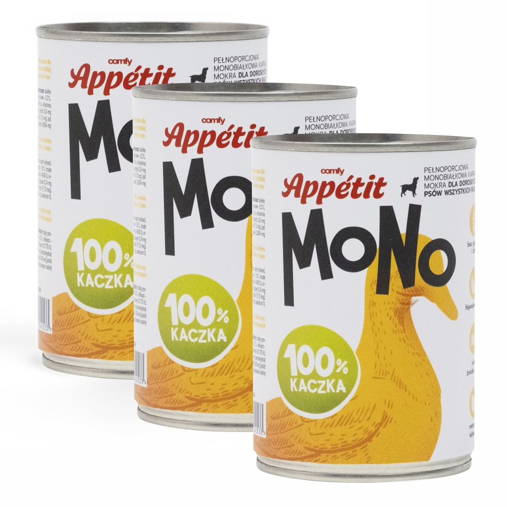 Comfy Appetit Mono Kaczka Monoproteinowa Karma Mokra Dla Psa Puszka Zestaw 3 sztuk 400g
